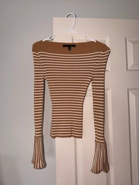 White House Black Market Tan and White Striped Off-the-Shoulder Sweater